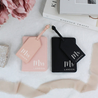 Personalised PU Leather Mr & Mrs Passport Holder & Luggage Tag Set