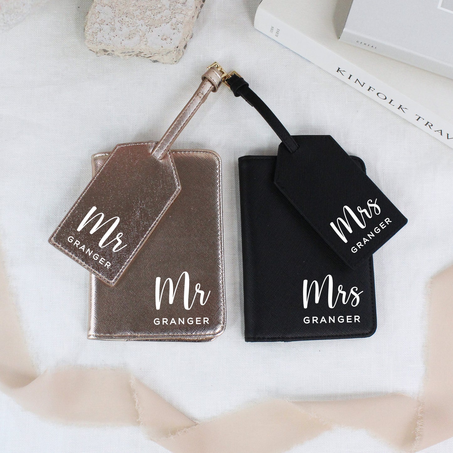 Personalised PU Leather Mr & Mrs Passport Holder & Luggage Tag Set