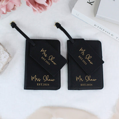 Personalised PU Leather Mr & Mrs Passport Luggage Tag Set