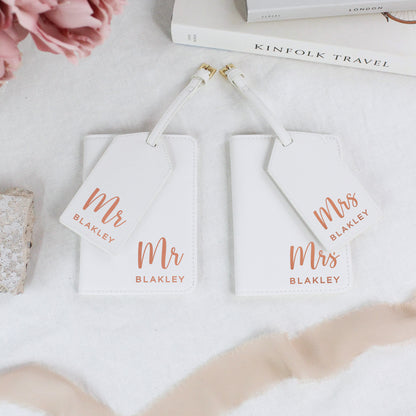 Personalised PU Leather Mr & Mrs Passport Holder & Luggage Tag Set