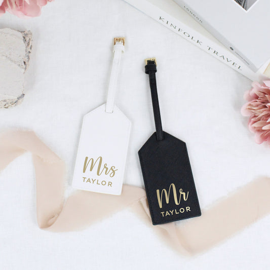 Personalised Set of 2 PU Leather Mr & Mrs Luggage Tags