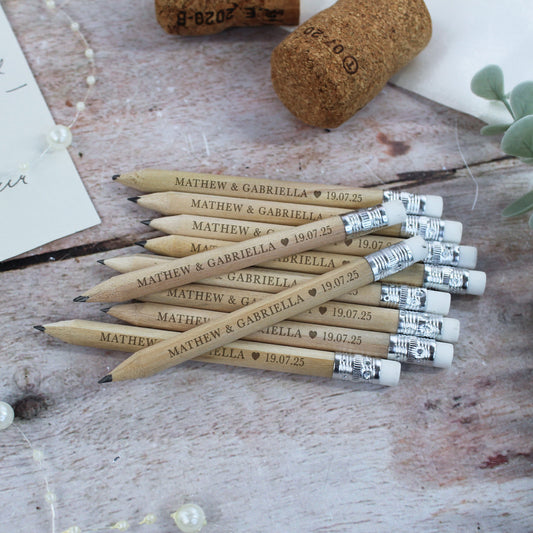 Personalised Miniture Wedding Favour Pencils with Couple Names & Wedding Date