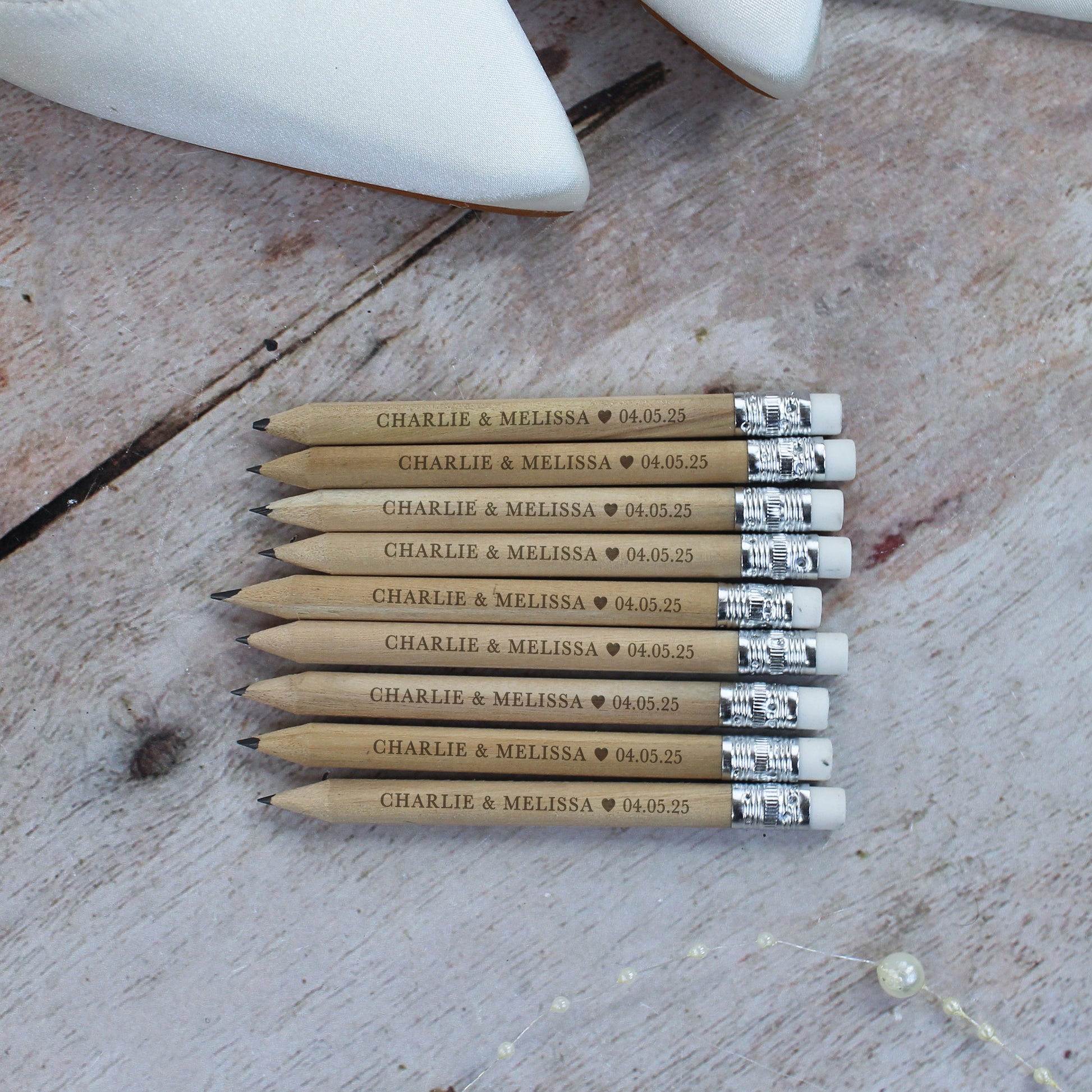 Personalised Miniture Wedding Favour Pencils with Couple Names & Wedding Date