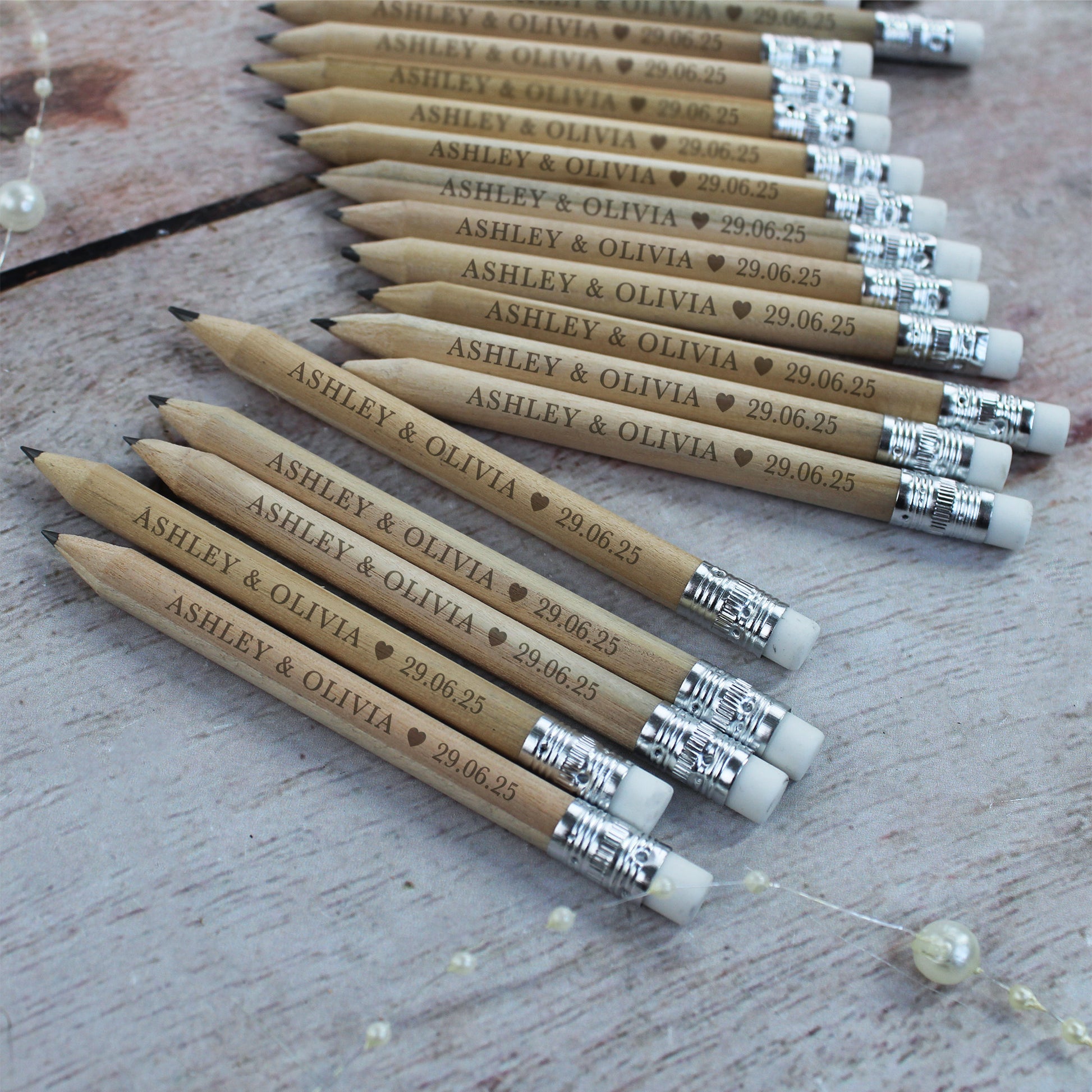 Personalised Miniture Wedding Favour Pencils with Couple Names & Wedding Date