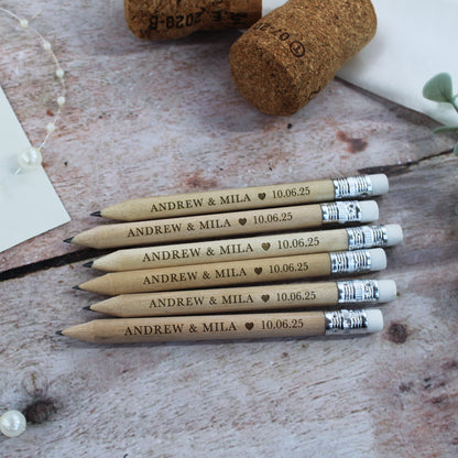 Personalised Miniture Wedding Favour Pencils with Couple Names & Wedding Date