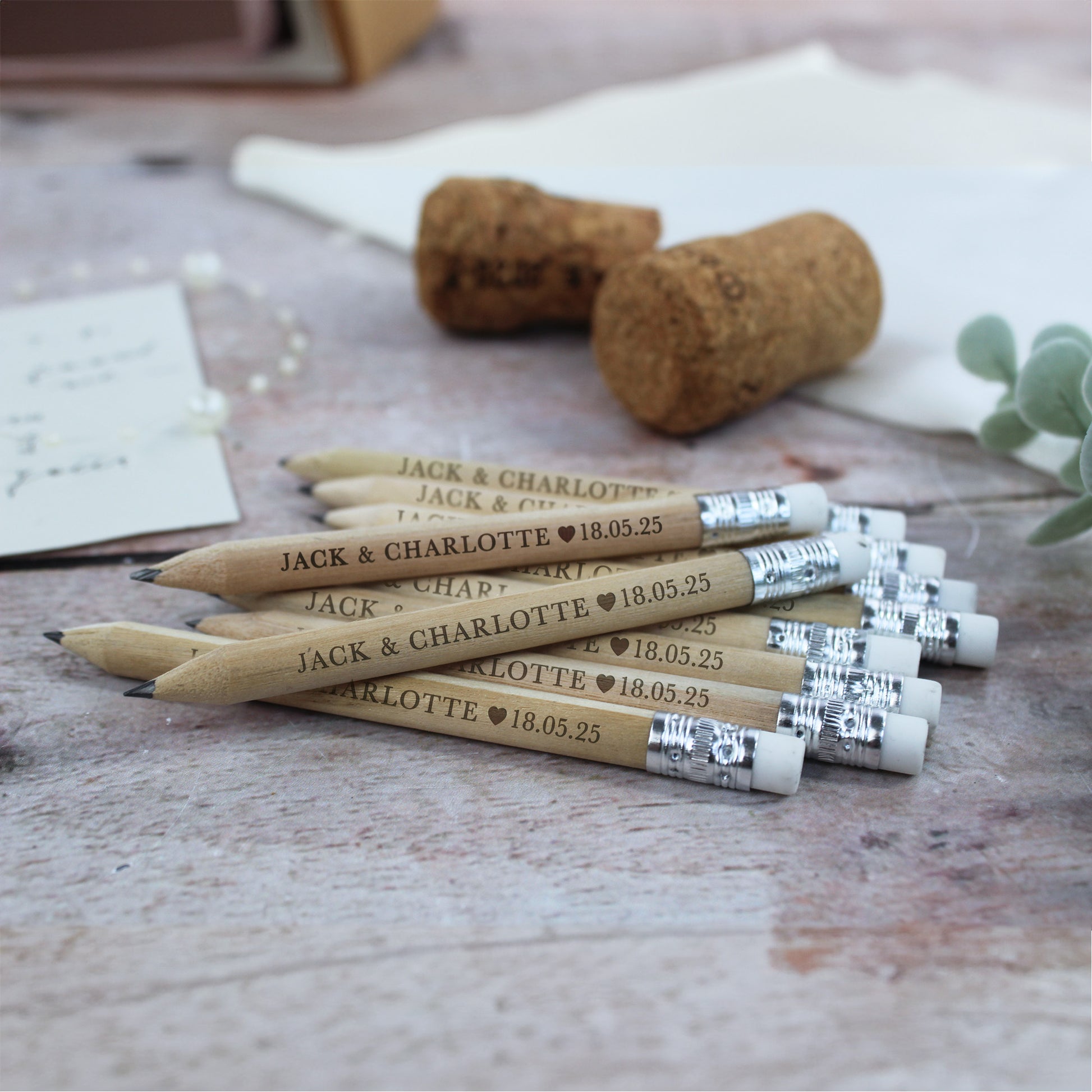 Personalised Miniture Wedding Favour Pencils with Couple Names & Wedding Date