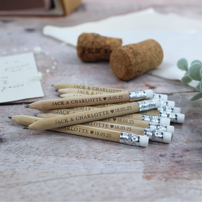 Personalised Miniture Wedding Favour Pencils with Couple Names & Wedding Date