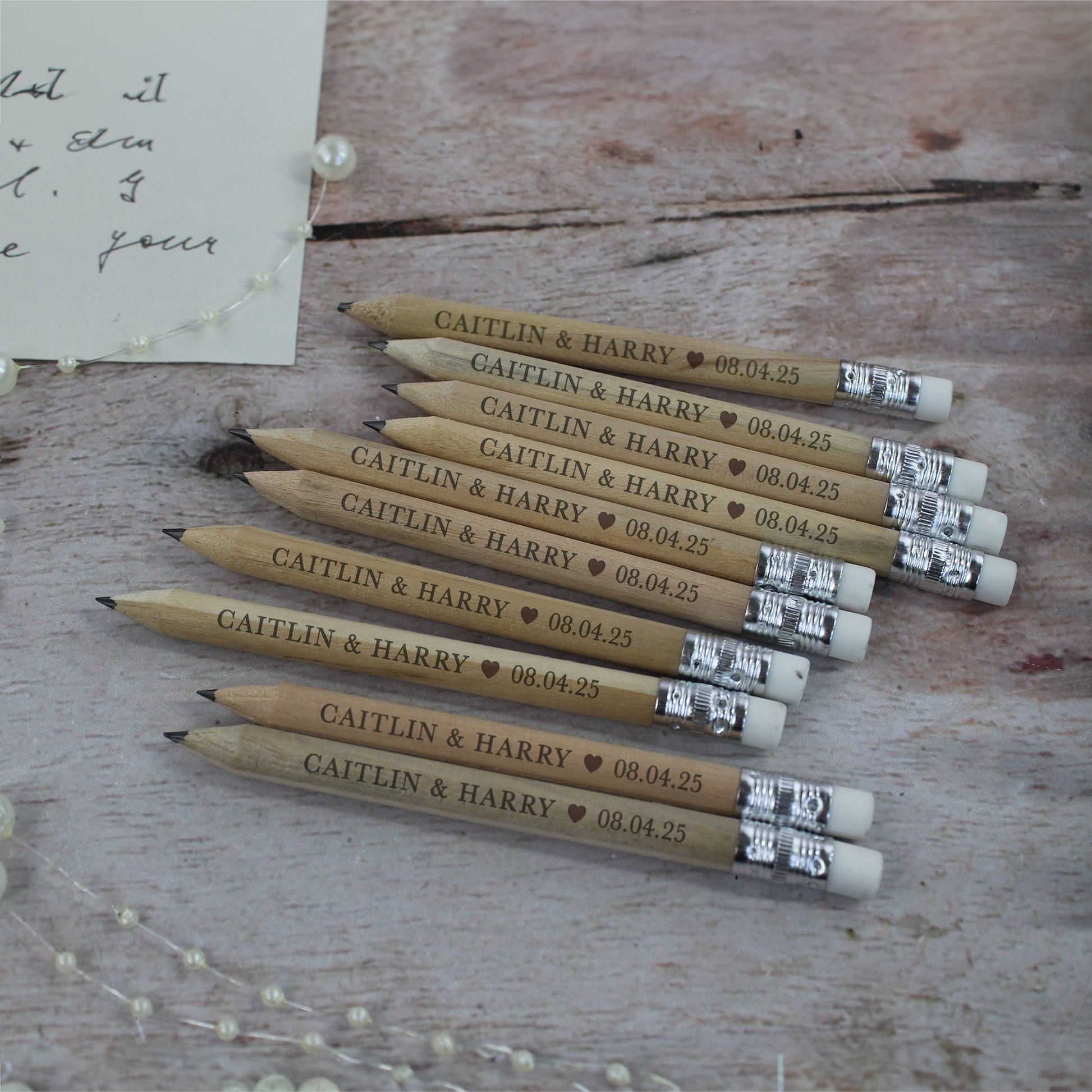 Personalised Miniture Wedding Favour Pencils with Couple Names & Wedding Date