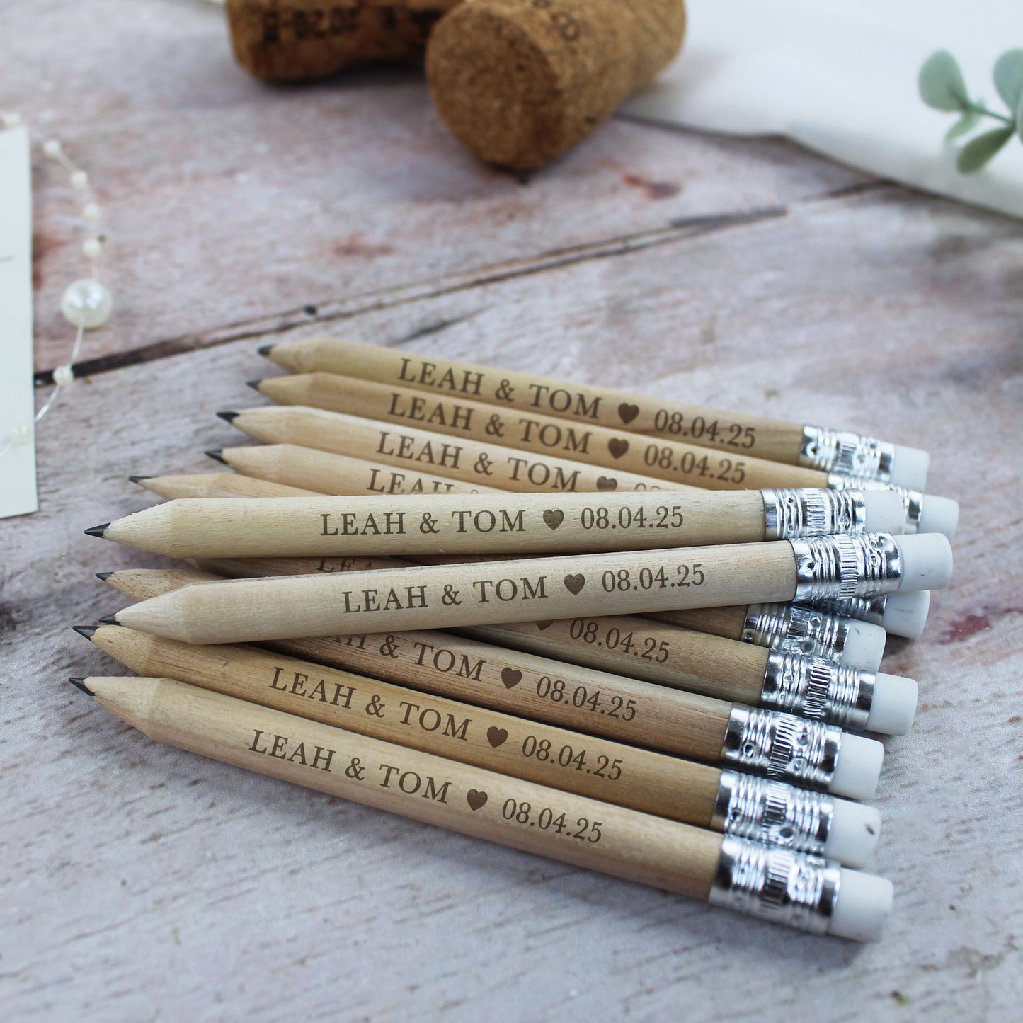 Personalised Miniture Wedding Favour Pencils with Couple Names & Wedding Date