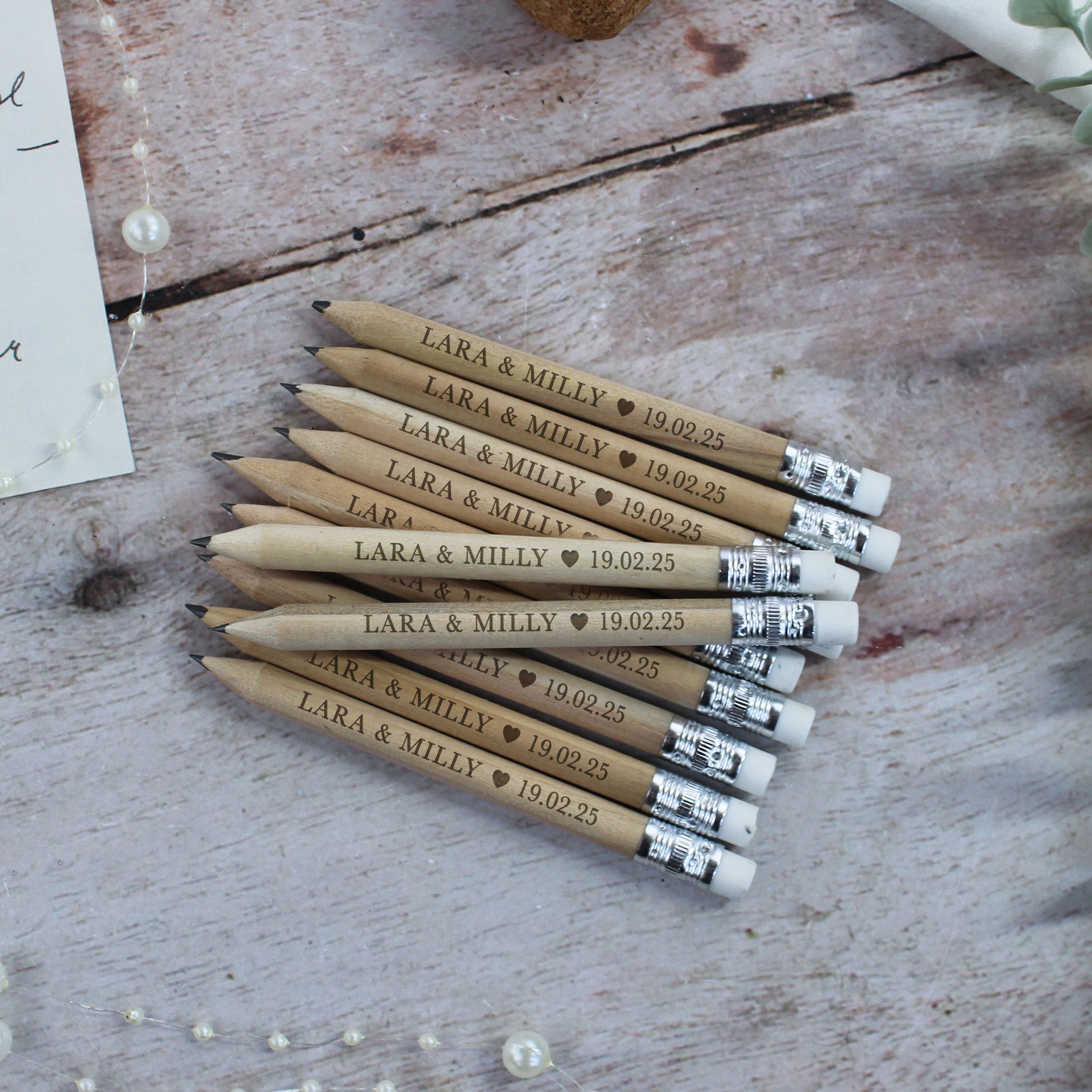 Personalised Miniture Wedding Favour Pencils with Couple Names & Wedding Date