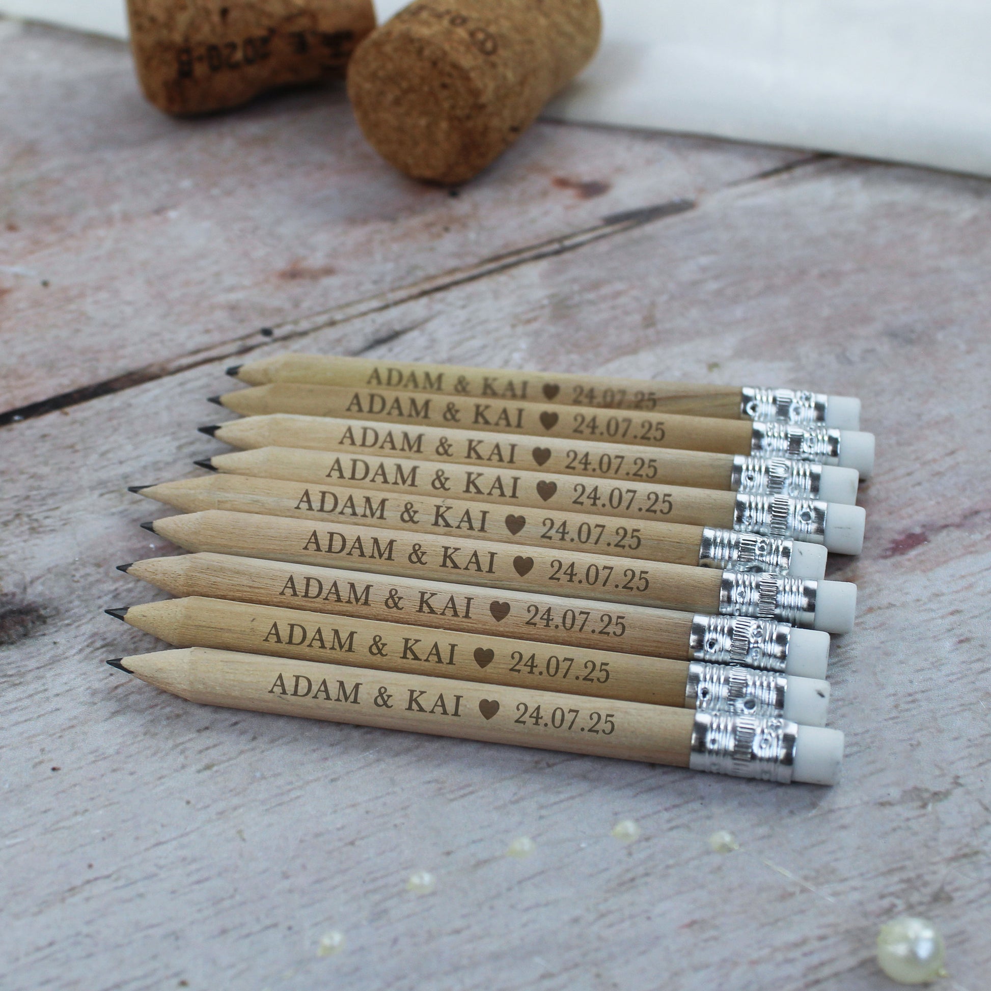 Personalised Miniture Wedding Favour Pencils with Couple Names & Wedding Date