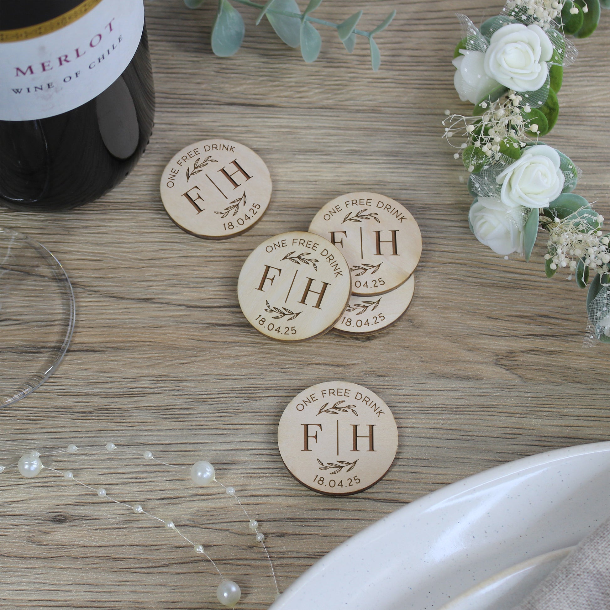 Personalised Floral 'One Free Drink' Drinks Tokens
