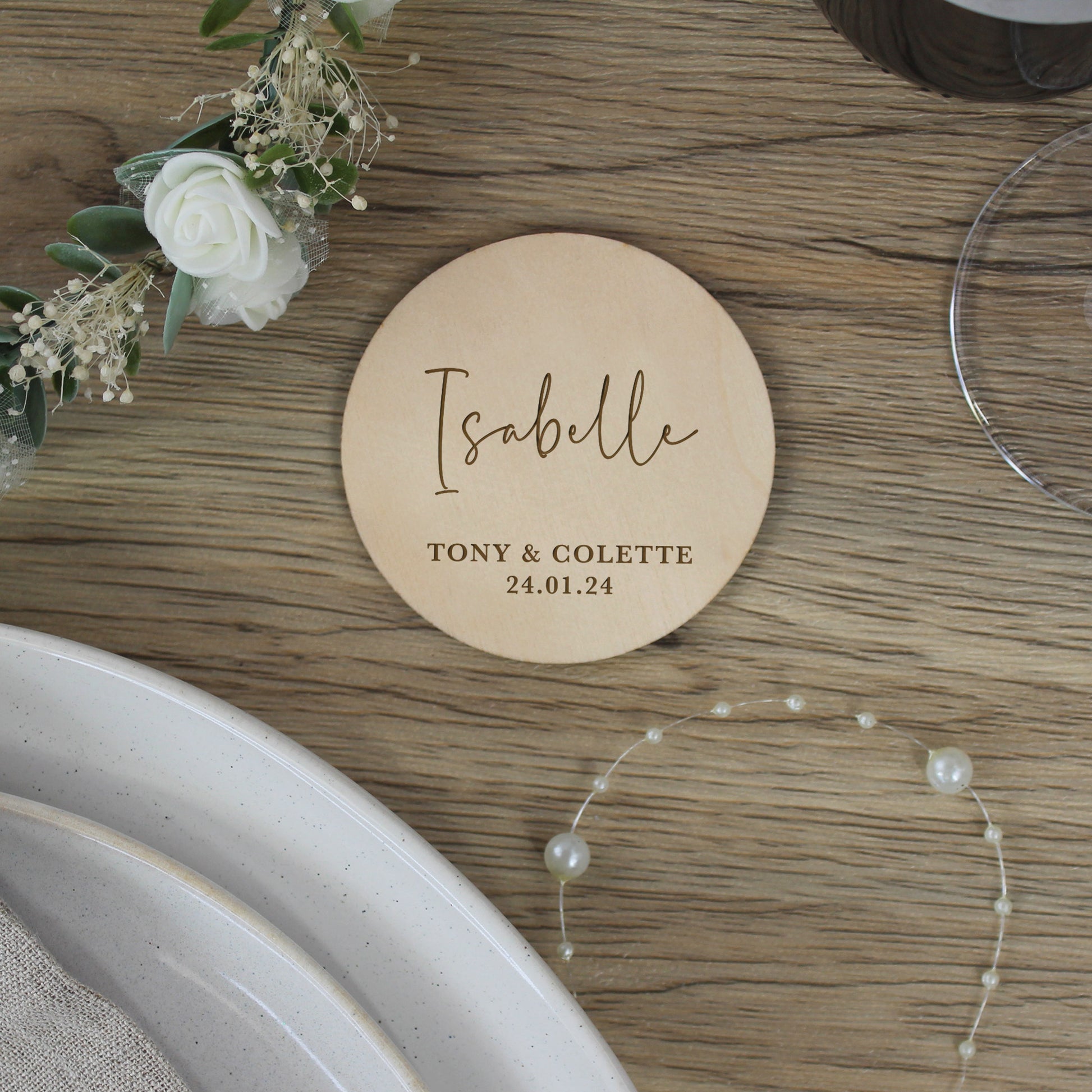 Personalised Wooden Table Place Names with Guest Name, Couples Names & Wedding Date