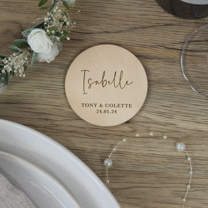 Personalised Wooden Table Place Names with Guest Name, Couples Names & Wedding Date