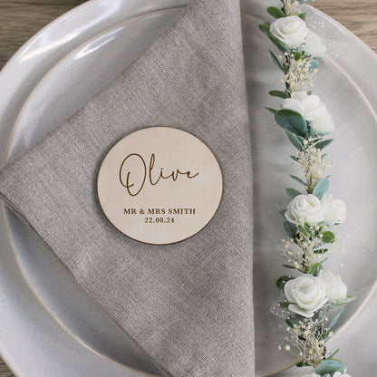 Personalised Wooden Table Place Names with Guest Name, Couples Names & Wedding Date