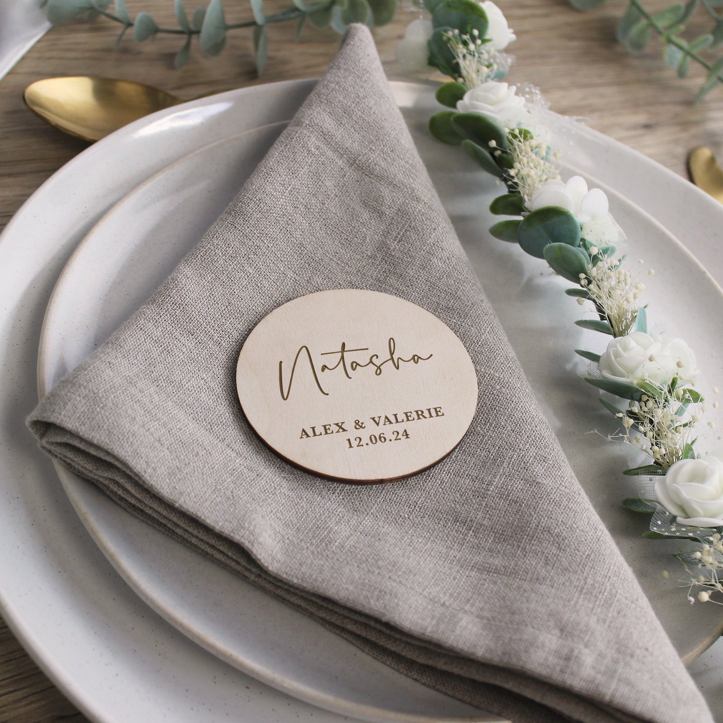 Personalised Wooden Table Place Names with Guest Name, Couples Names & Wedding Date
