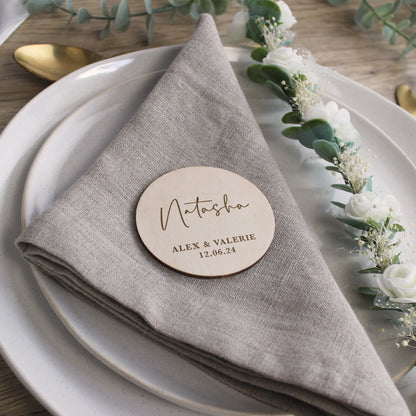 Personalised Wooden Table Place Names with Guest Name, Couples Names & Wedding Date