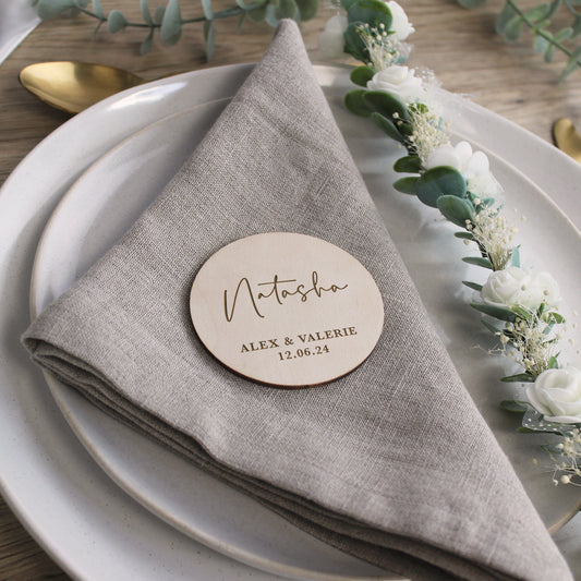 Personalised Wooden Table Place Names with Guest Name, Couples Names & Wedding Date