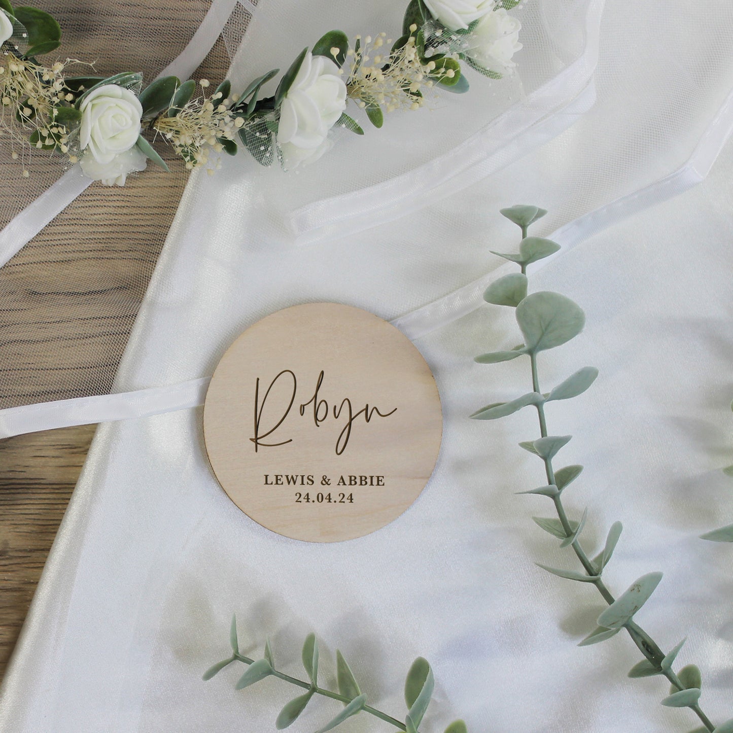 Personalised Wooden Table Place Names with Guest Name, Couples Names & Wedding Date