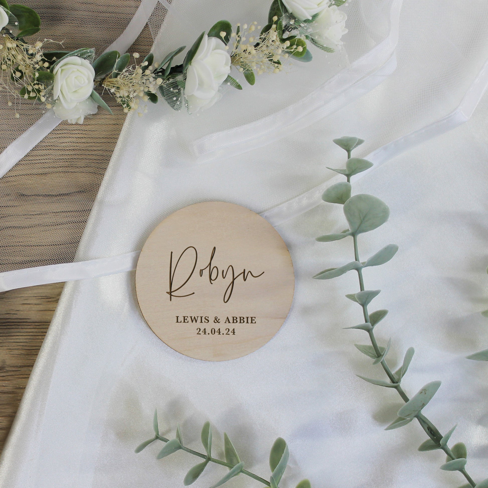 Personalised Wooden Table Place Names with Guest Name, Couples Names & Wedding Date