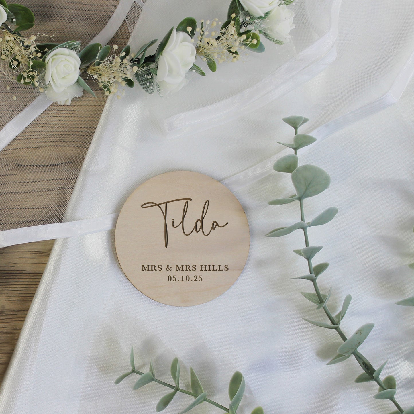 Personalised Wooden Table Place Names with Guest Name, Couples Names & Wedding Date