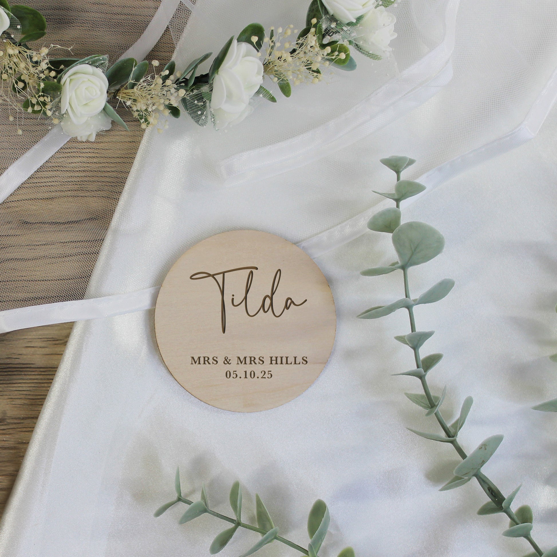 Personalised Wooden Table Place Names with Guest Name, Couples Names & Wedding Date