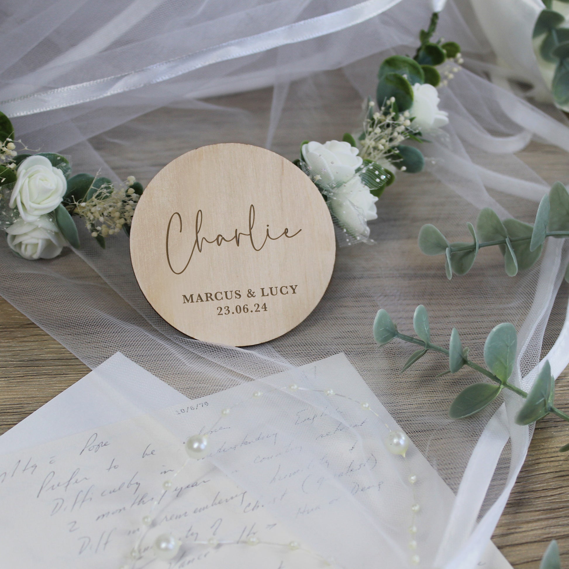 Personalised Wooden Table Place Names with Guest Name, Couples Names & Wedding Date