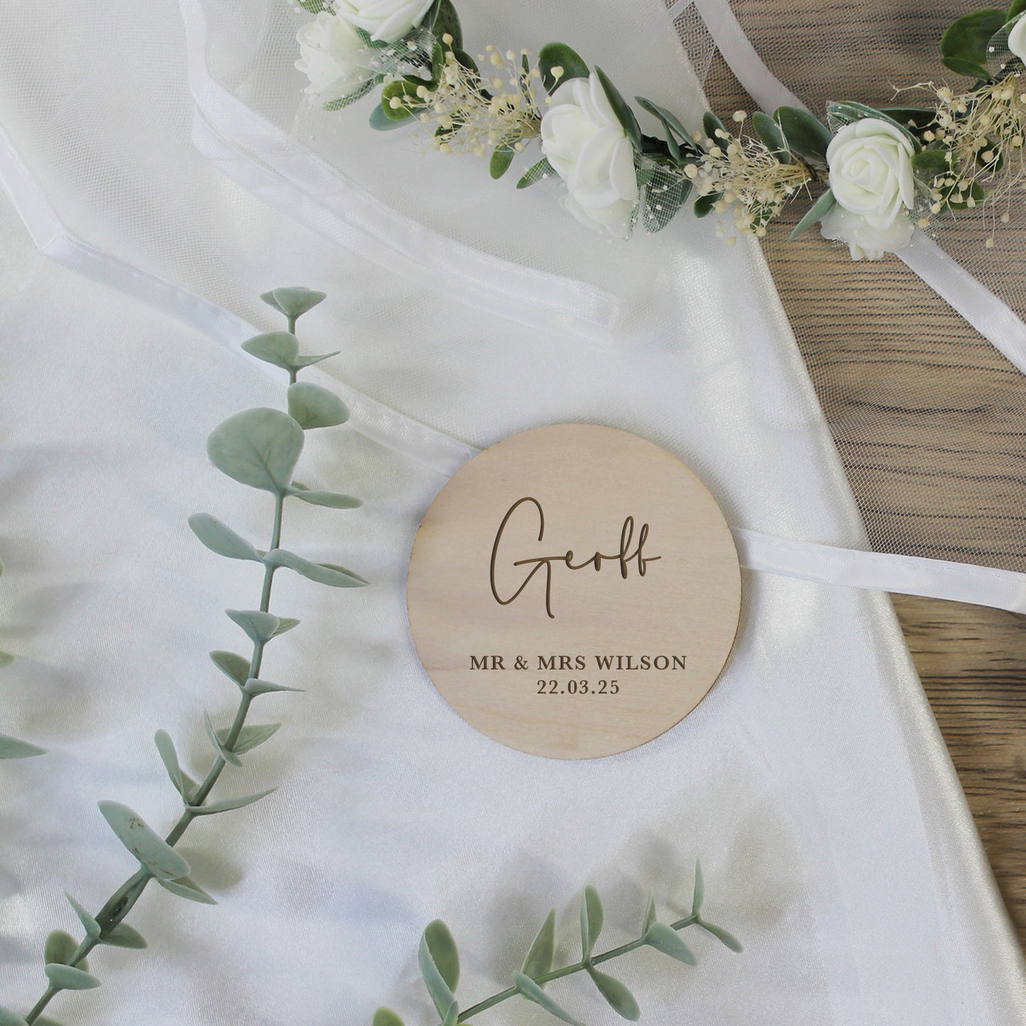 Personalised Wooden Table Place Names with Guest Name, Couples Names & Wedding Date