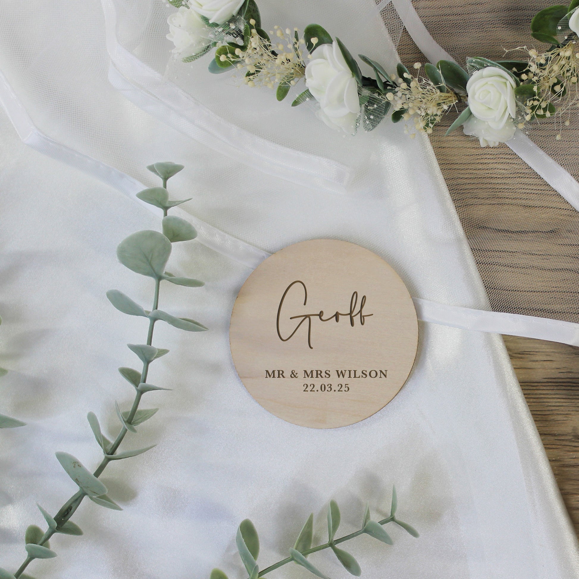 Personalised Wooden Table Place Names with Guest Name, Couples Names & Wedding Date