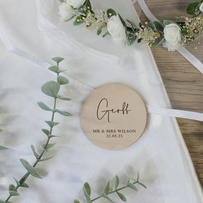 Personalised Wooden Table Place Names with Guest Name, Couples Names & Wedding Date