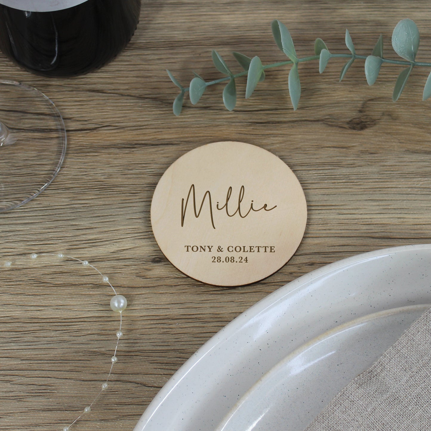 Personalised Wooden Table Place Names with Guest Name, Couples Names & Wedding Date
