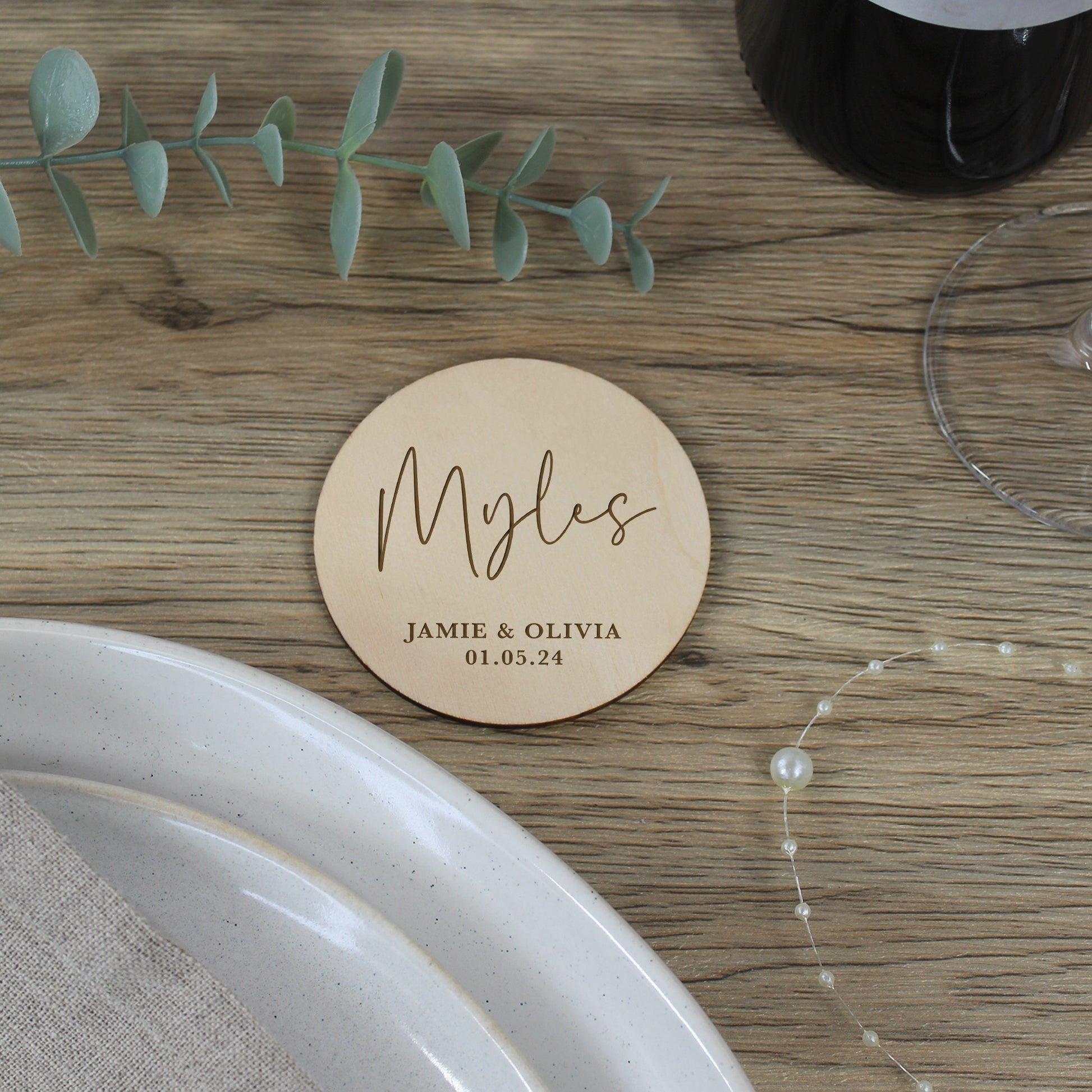 Personalised Wooden Table Place Names with Guest Name, Couples Names & Wedding Date