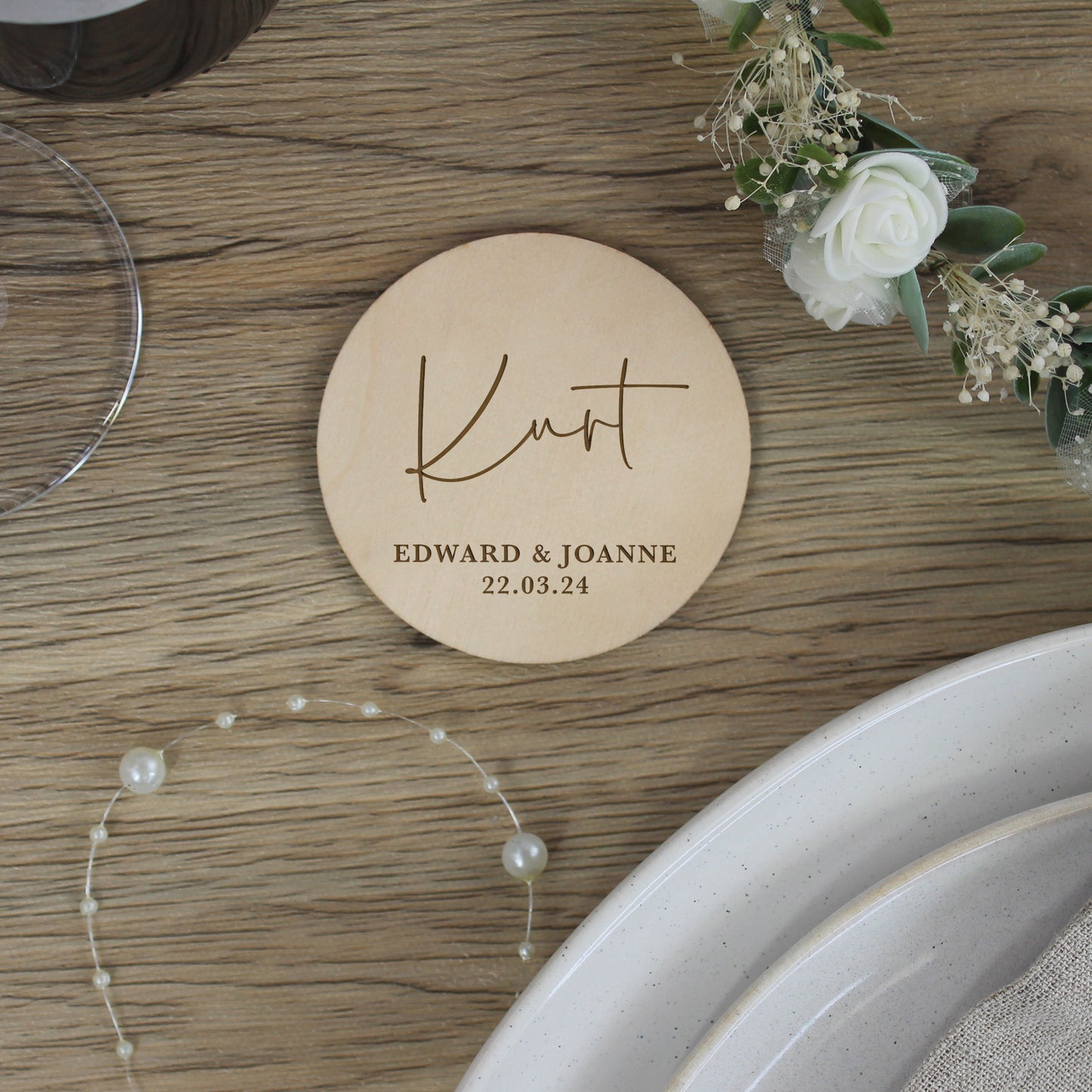 Personalised Wooden Table Place Names with Guest Name, Couples Names & Wedding Date
