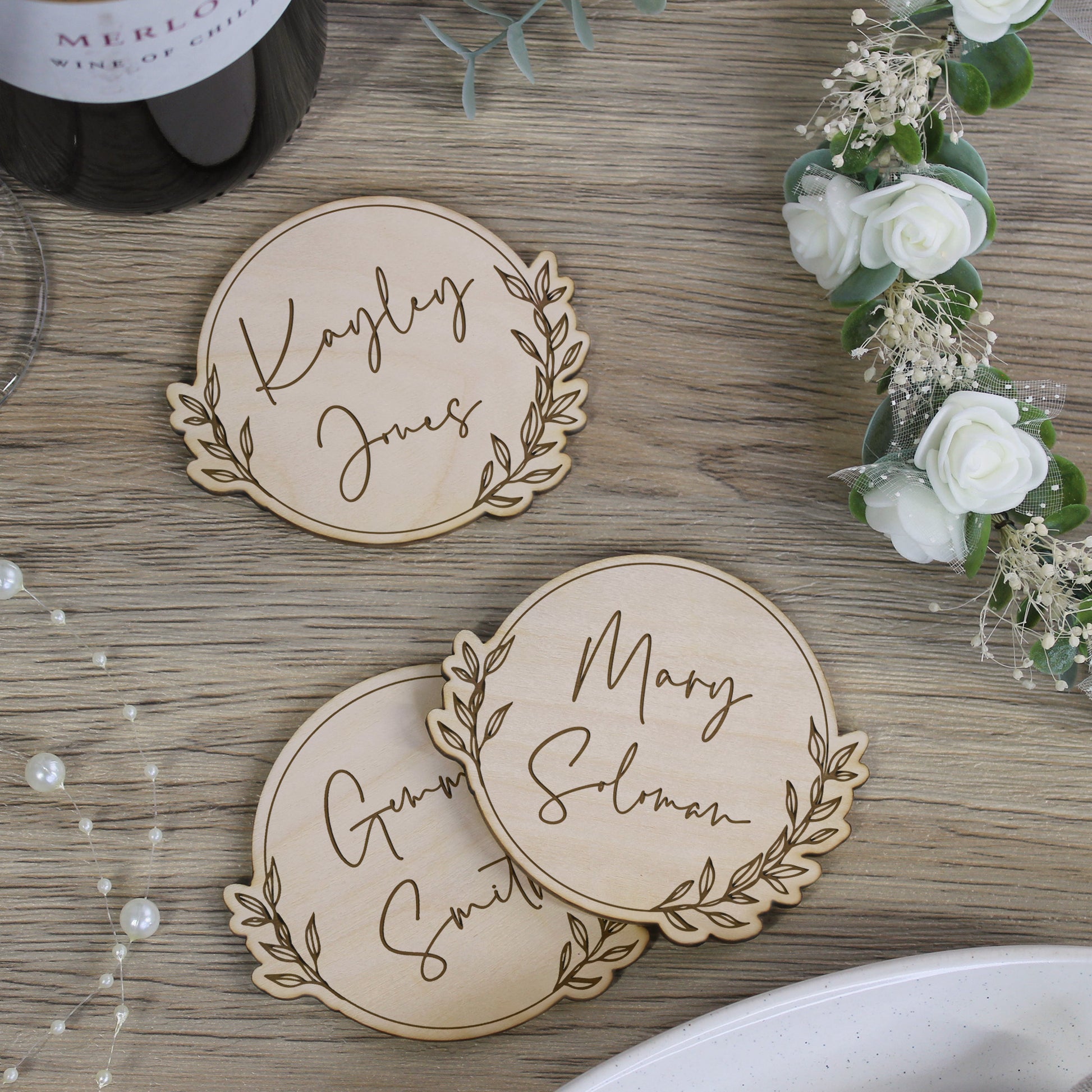 Personalised Wooden Floral Table Coaster with Guests Names