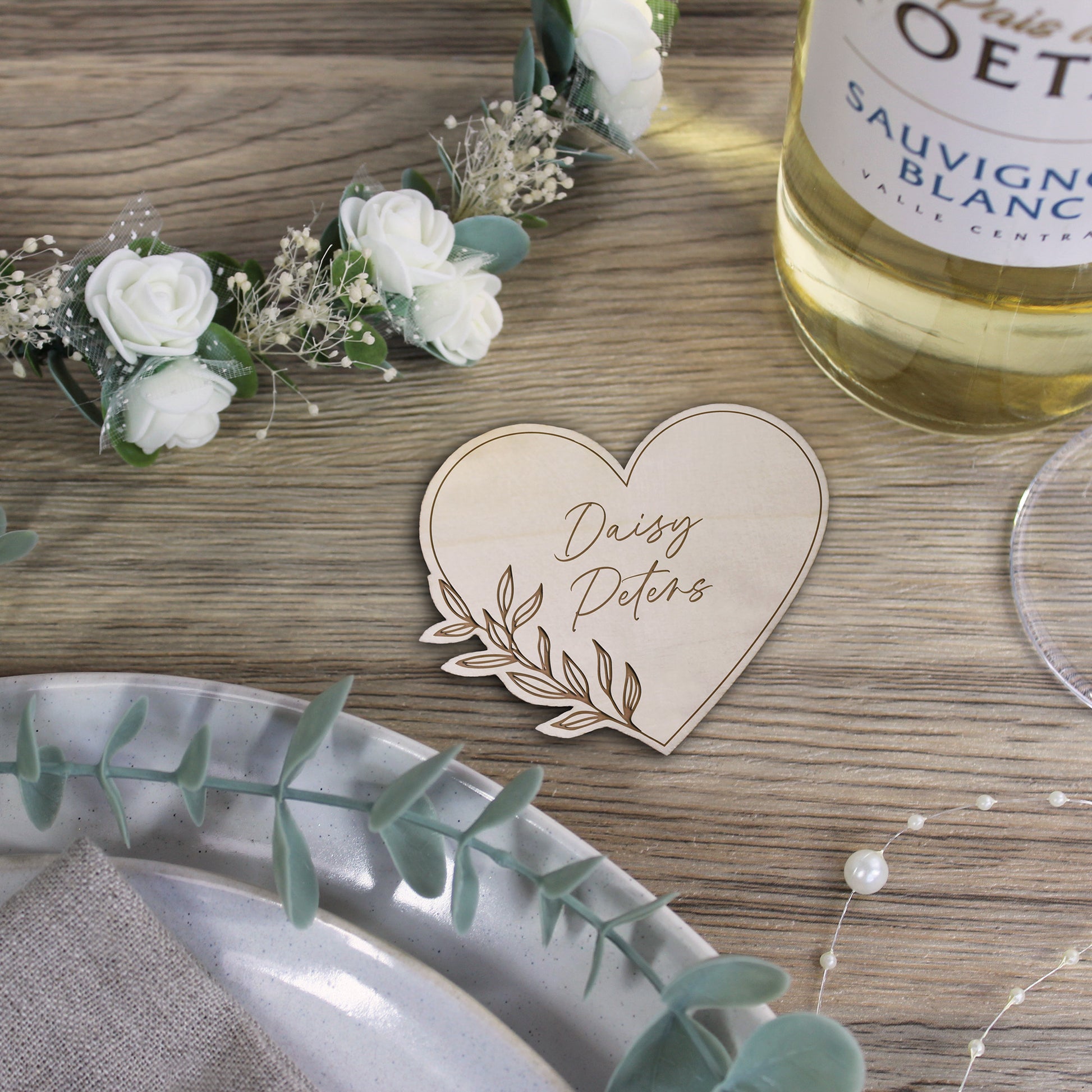 Personalised Floral Wooden Heart Shaped Table Place Names