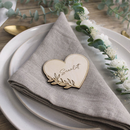 Personalised Floral Wooden Heart Shaped Table Place Names