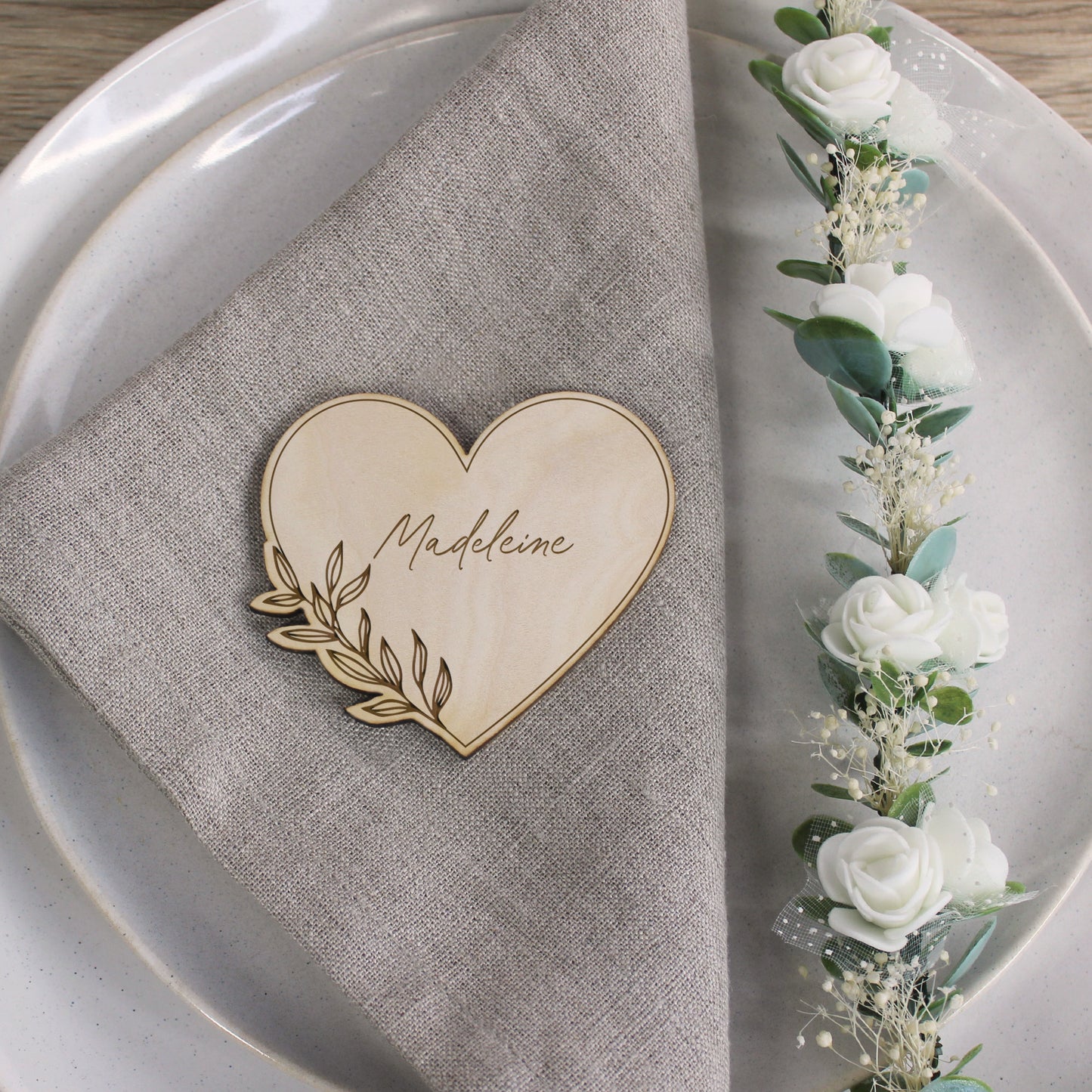 Personalised Floral Wooden Heart Shaped Table Place Names