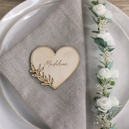 Personalised Floral Wooden Heart Shaped Table Place Names