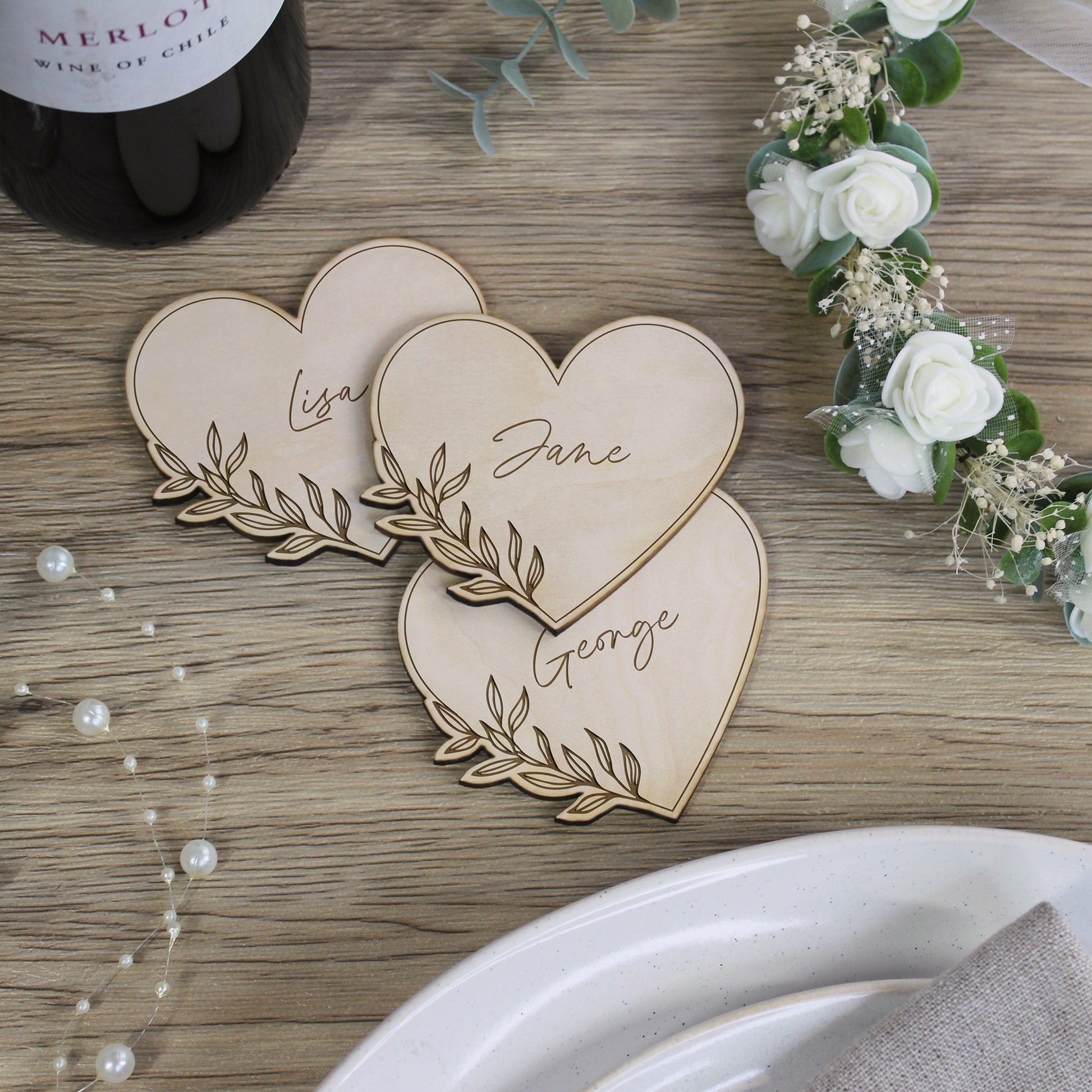 Personalised Floral Wooden Heart Shaped Table Place Names