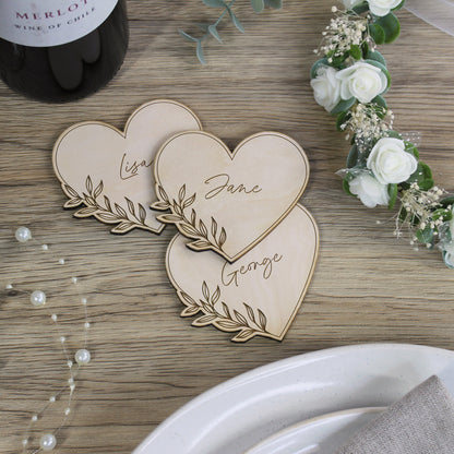 Personalised Floral Wooden Heart Shaped Table Place Names
