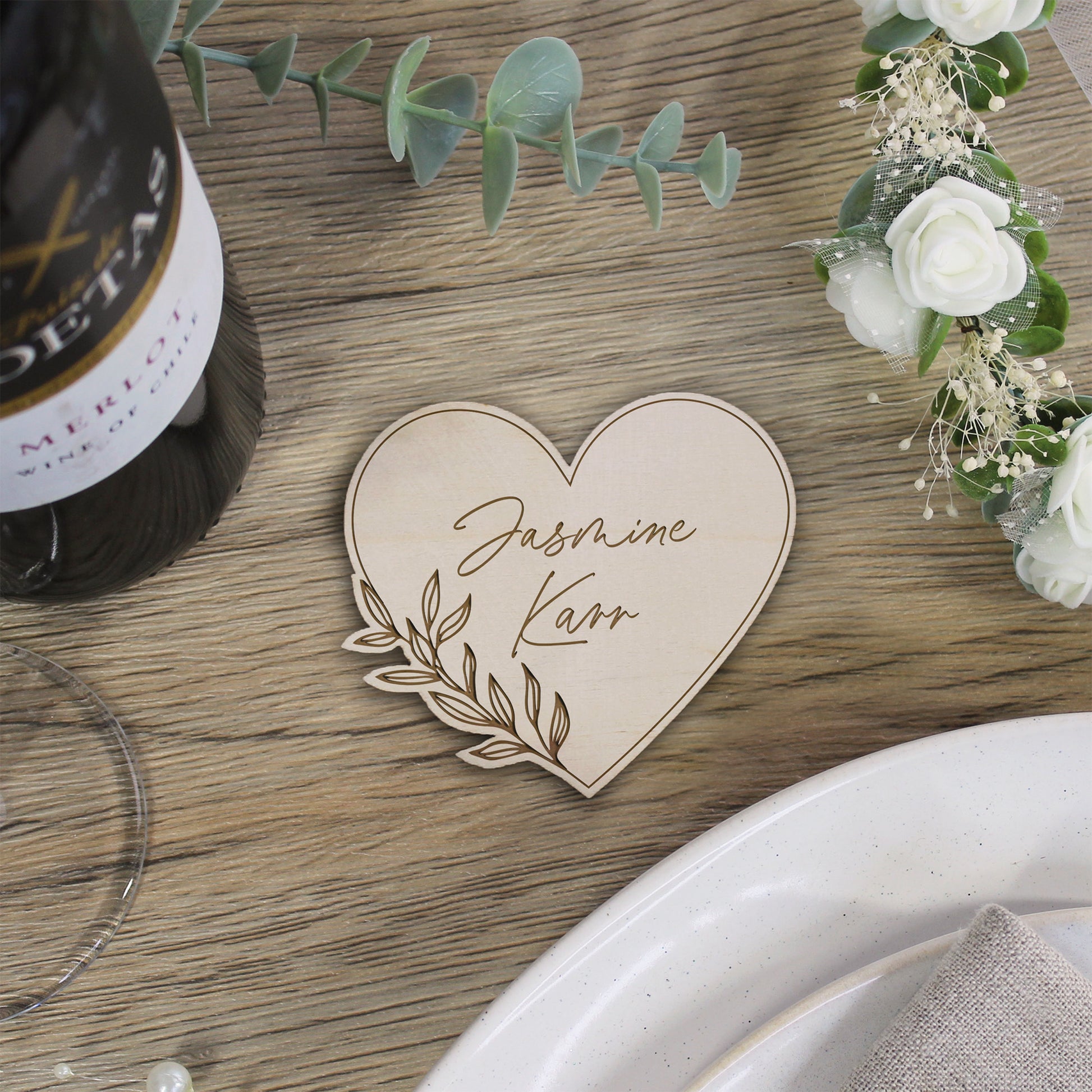 Personalised Floral Wooden Heart Shaped Table Place Names
