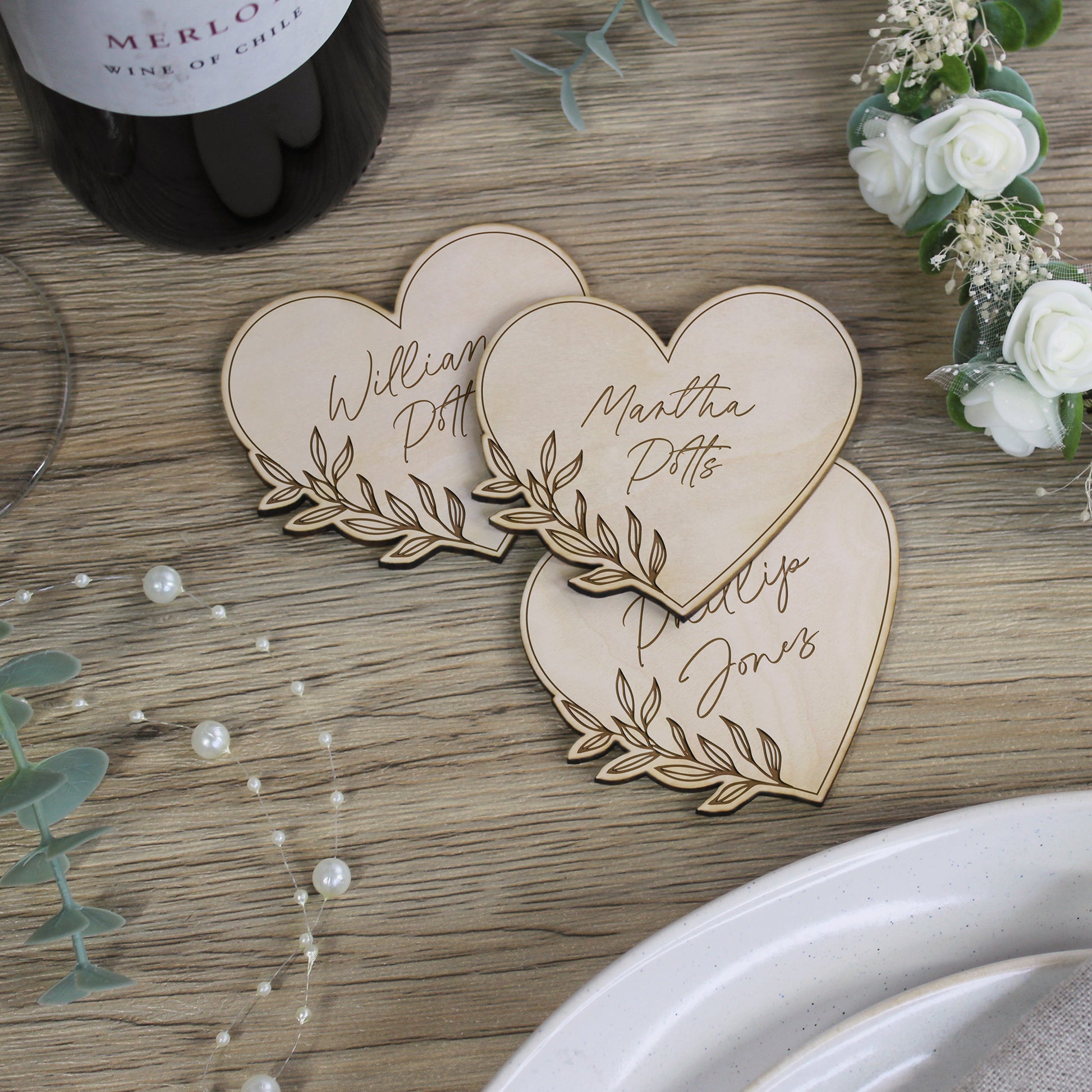 Personalised Floral Wooden Heart Shaped Table Place Names