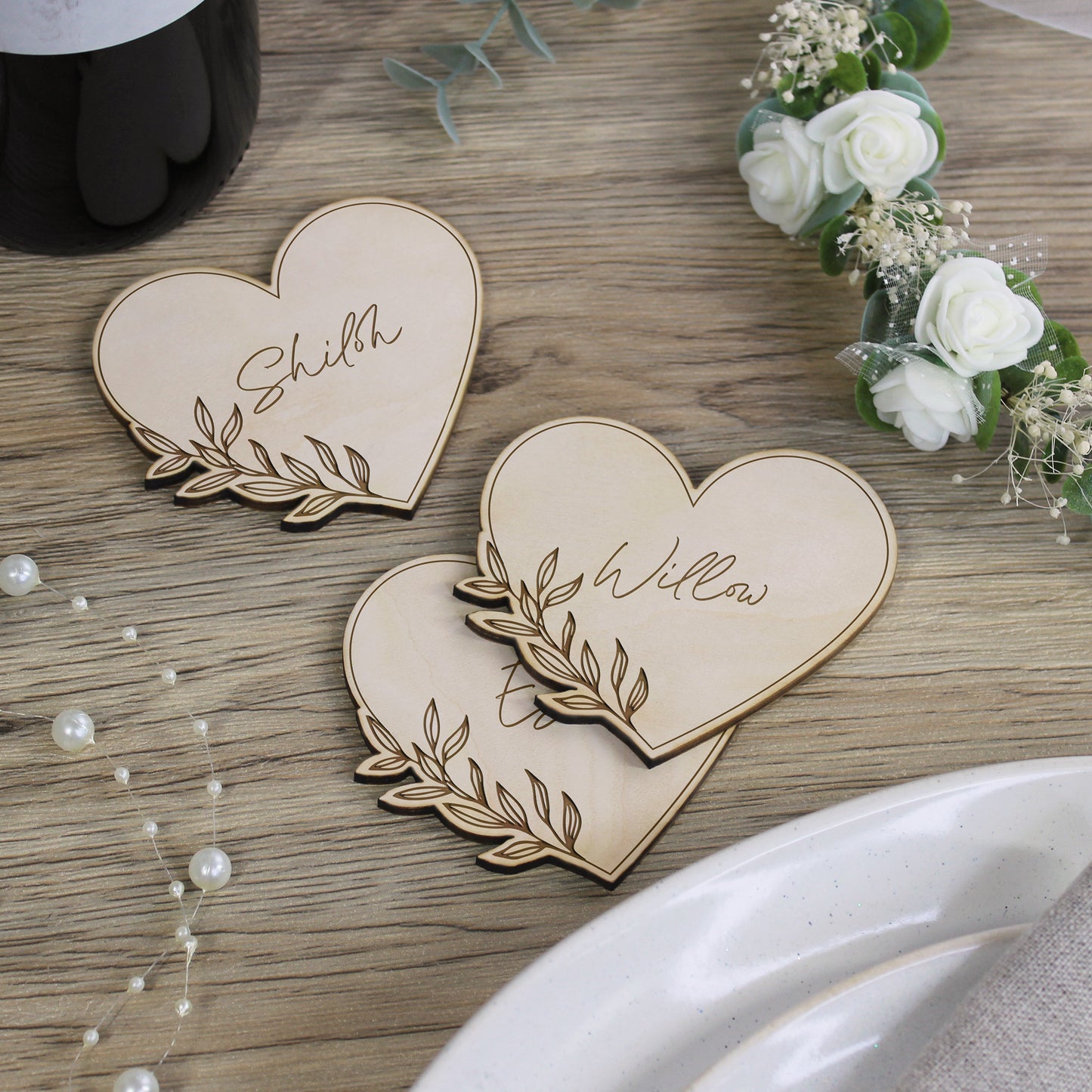 Personalised Floral Wooden Heart Shaped Table Place Names