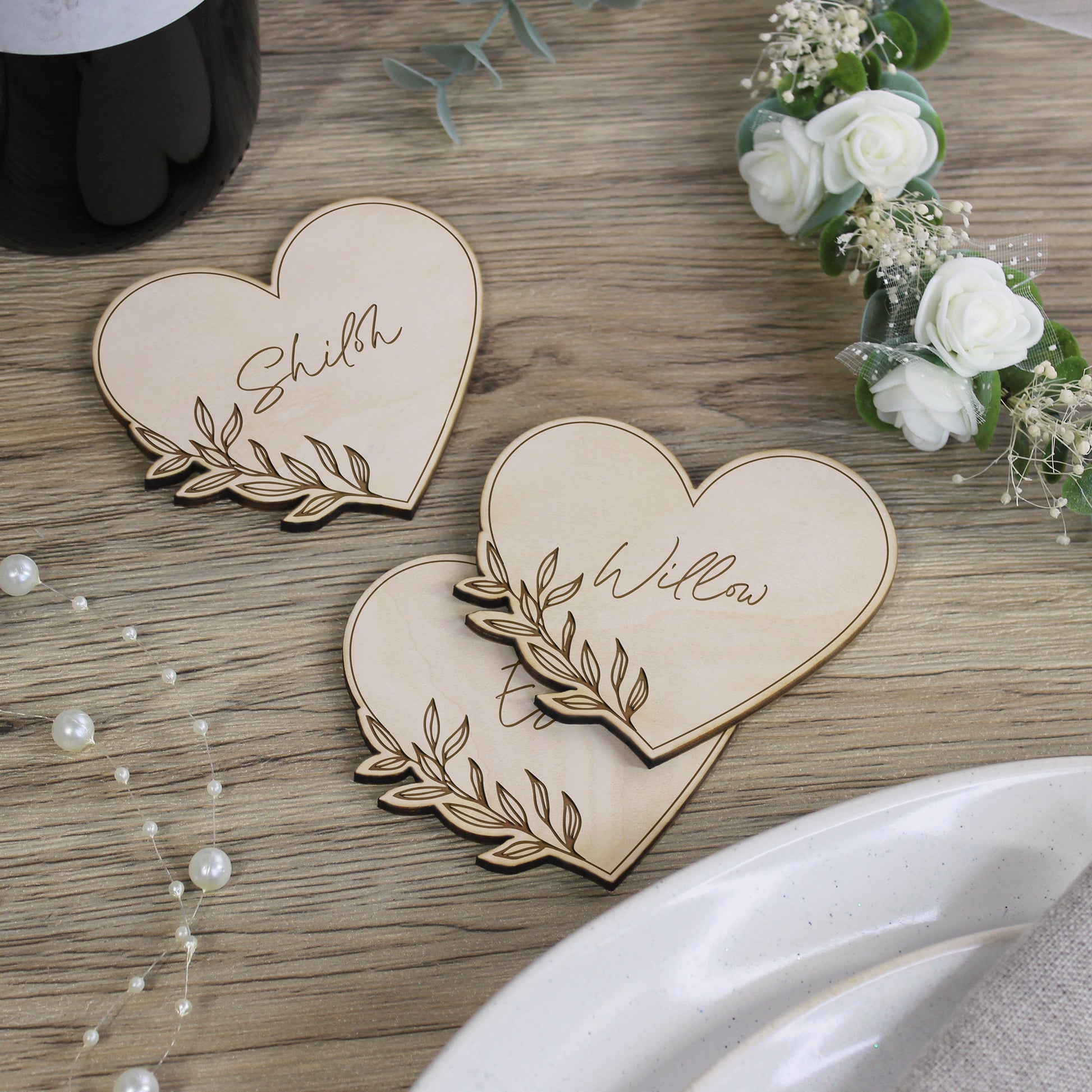 Personalised Floral Wooden Heart Shaped Table Place Names
