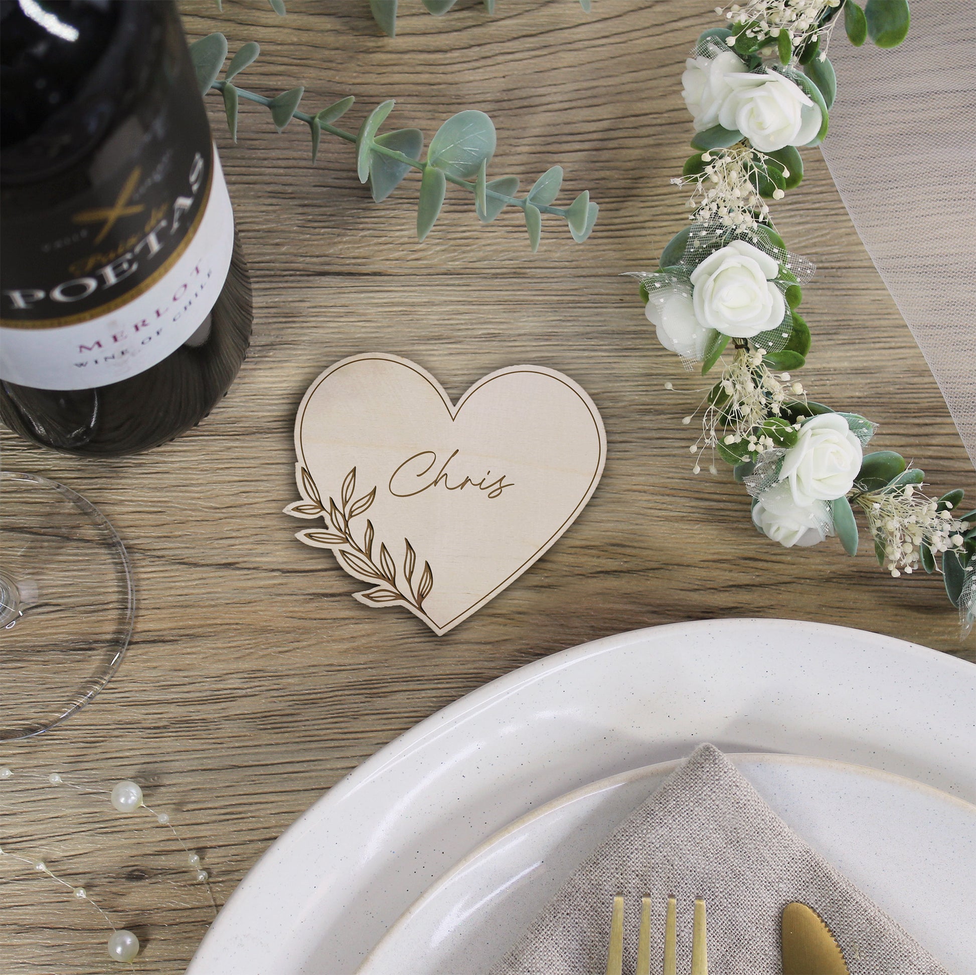 Personalised Floral Wooden Heart Shaped Table Place Names